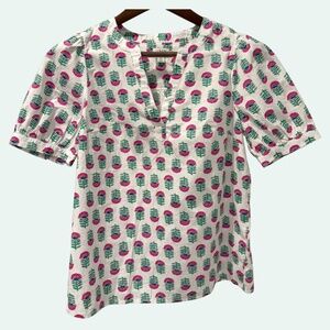 J.Crew Floral Pink, Green & White Block Print Cotton Popover Blouse Size XS
